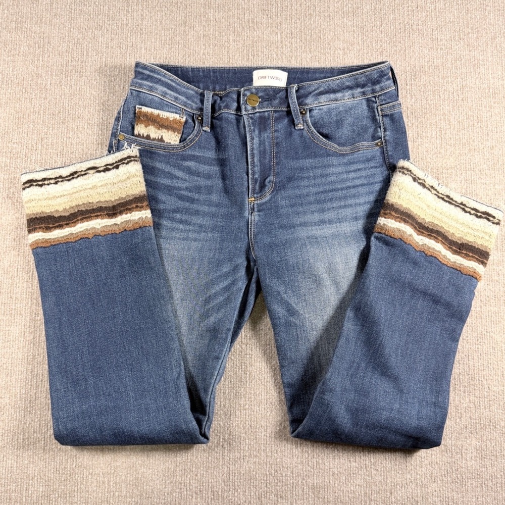 Driftwood Colette Embroidered Straight Leg Jeans‎ Blue W26 L26 Boho Raw Hem